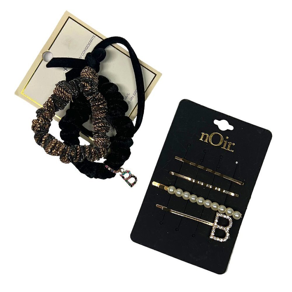 Nordstrom Initial B Gold Tone Bobby Pin Black Scrunchie Set Pearl Preppy Chic